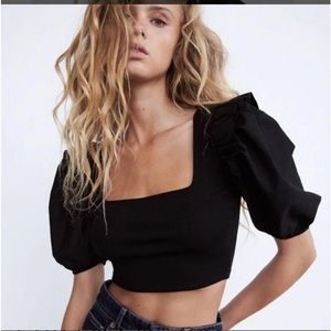 Zara Womens Crop Top Shirt Ribbed Black Balloon Puff Sleeves, Size Medium